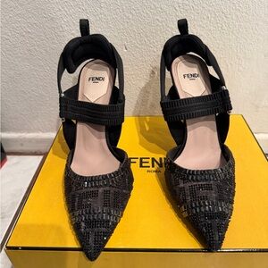 Fendi Colibri Black Beaded Cloth Heels with Box